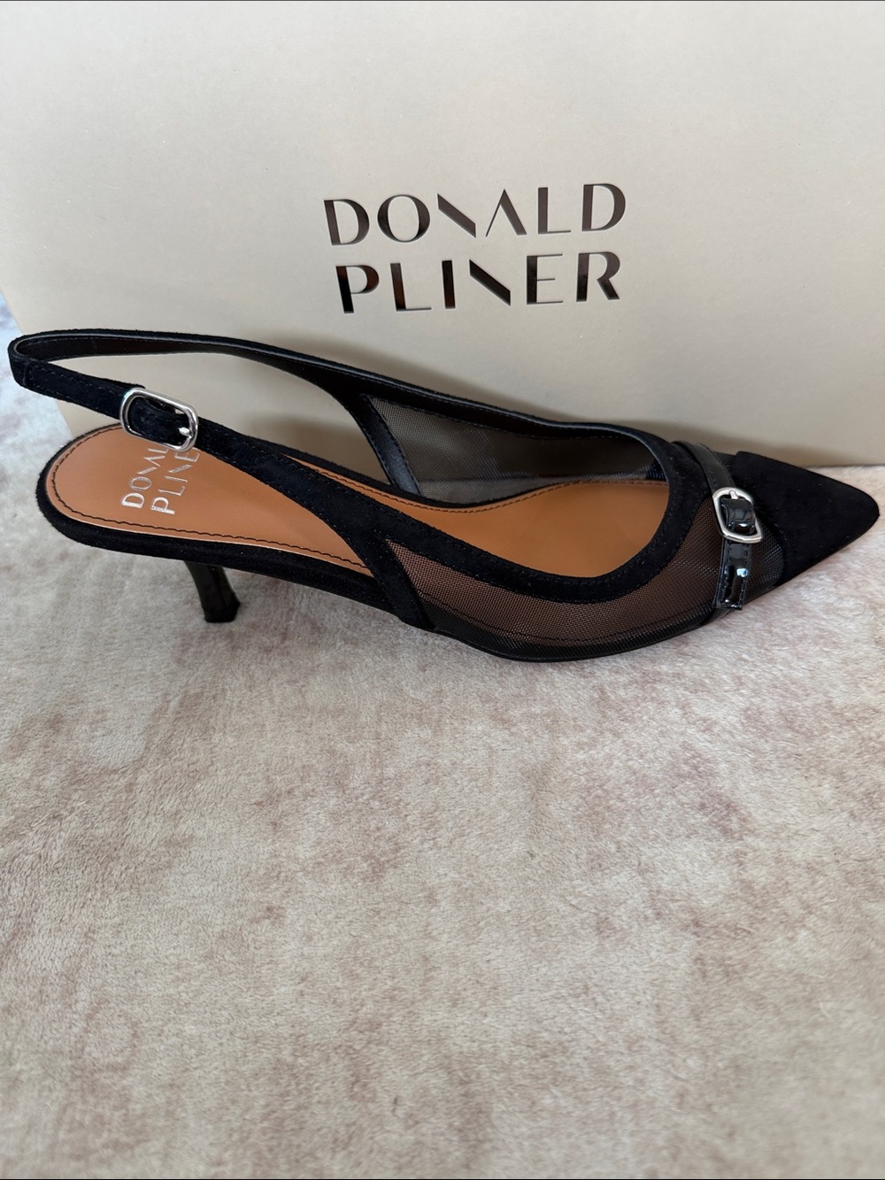 Donald J. Pliner Carwyn Black Mesh and Suede Slingback Kitten Heel